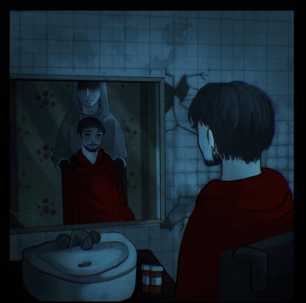 Detailed painting with background and more than one person.